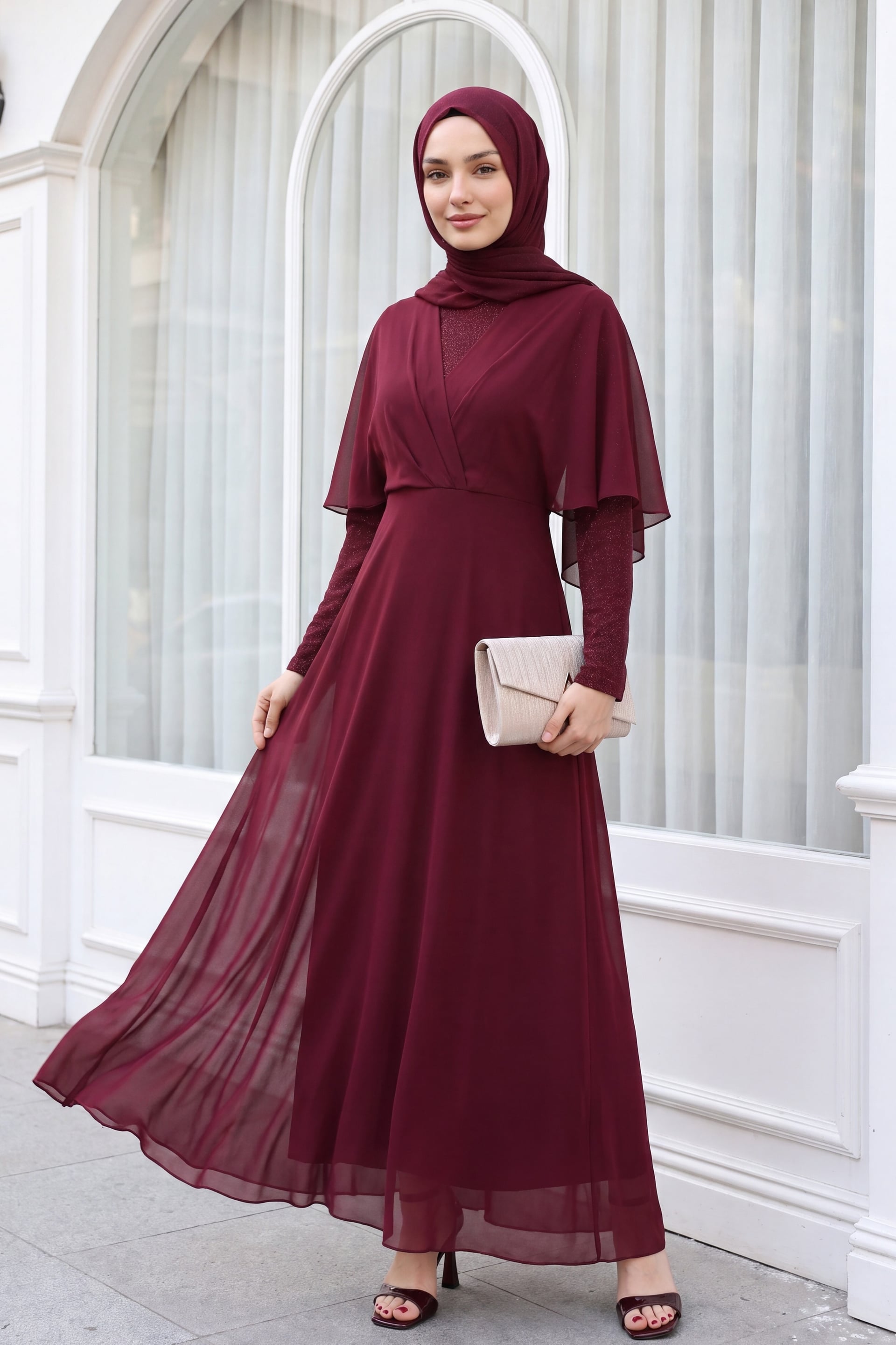 Burgundy Sequin Tulle Evening Dress with Cape Sleeves - Podyumplus - by Peralane - photo 5