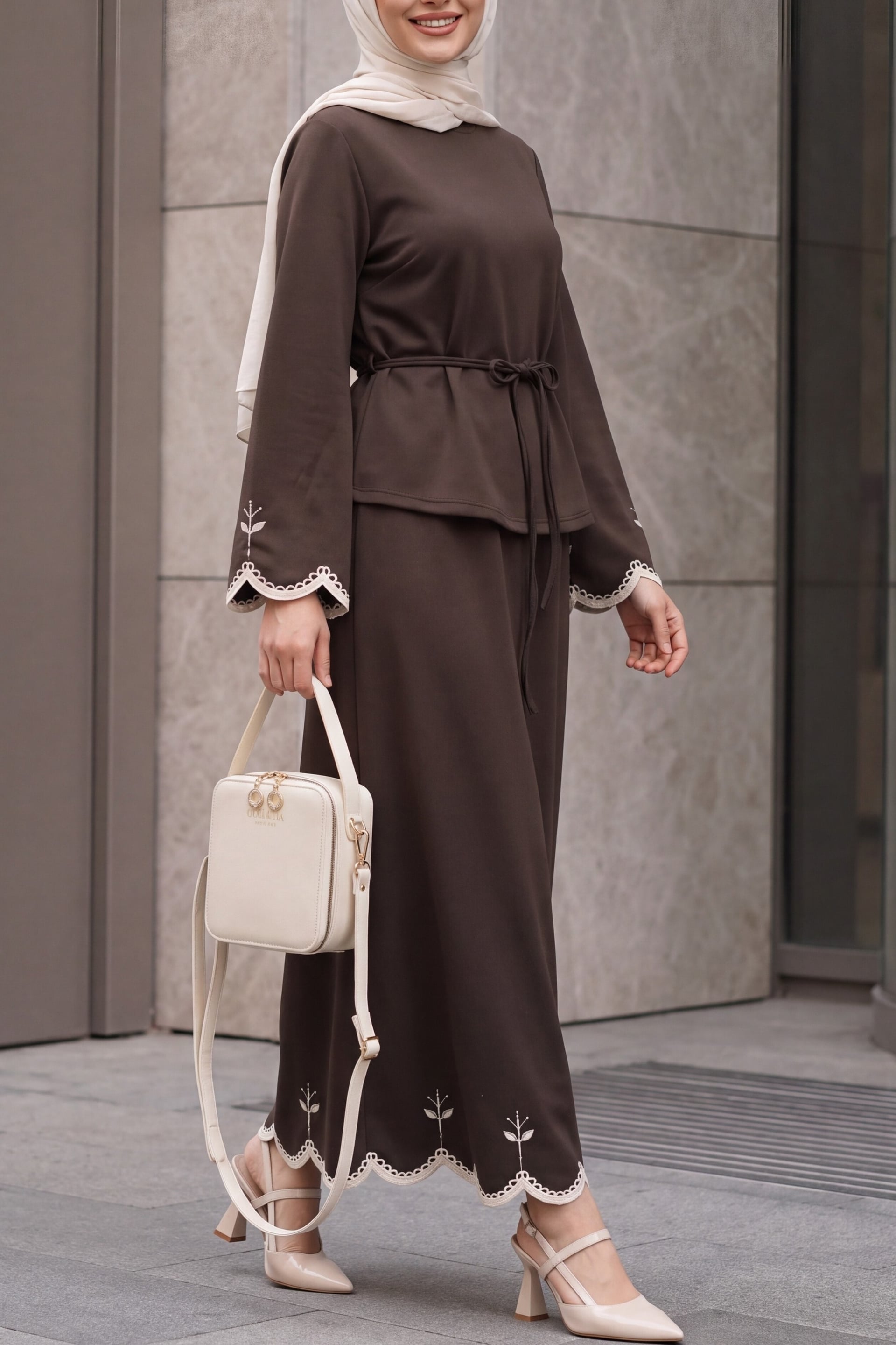 Embroidered Belted Skirted Knit Set - Brown - Podyumplus - by Peralane