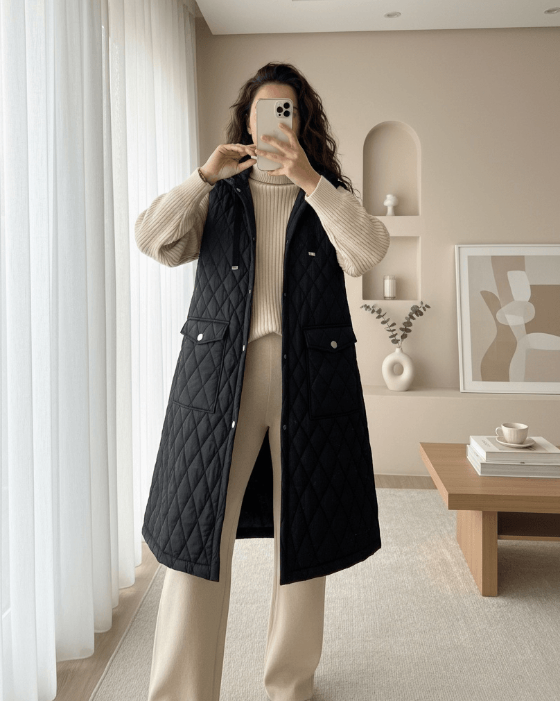 Quilted Vest with Flap Pockets - Black - Podyumplus - by Peralane - photo 2