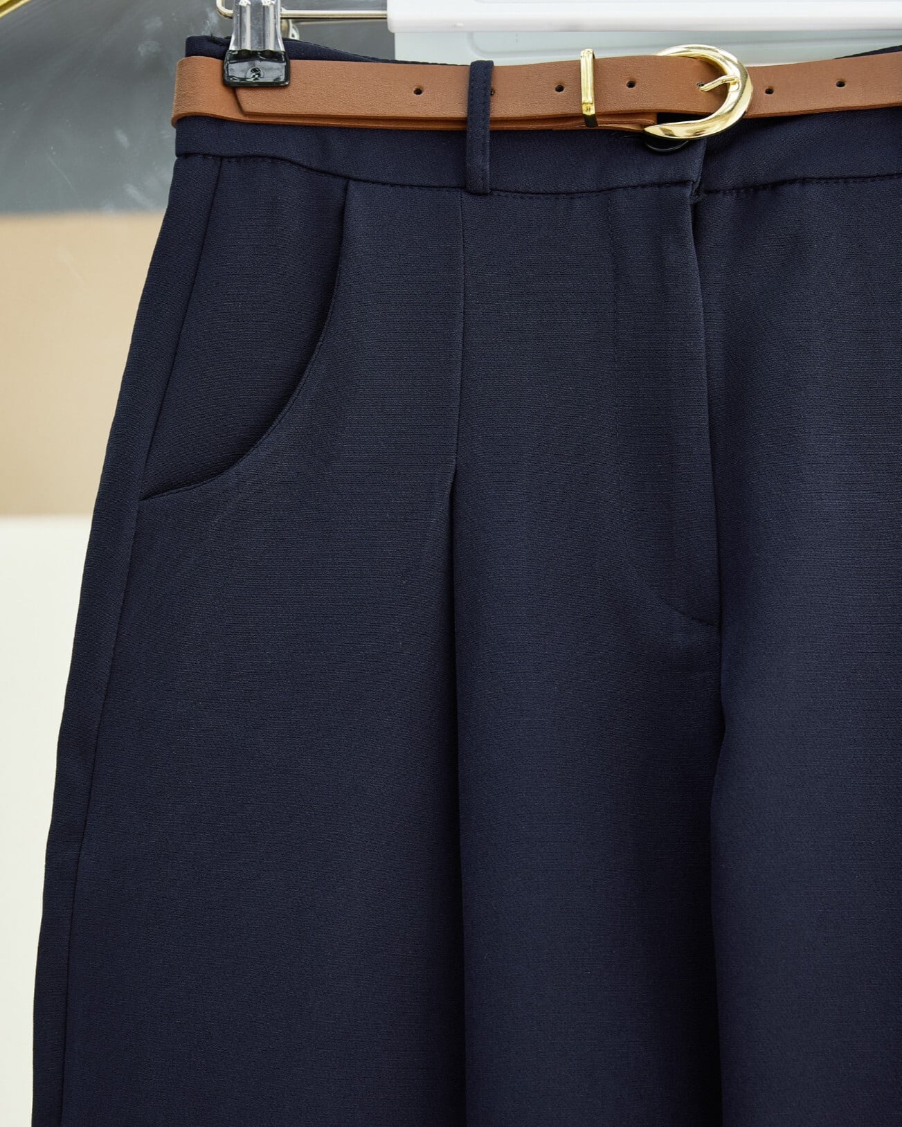 Pleated Pocket Belted Ankle Trousers - Navy - Podyumplus - by Peralane - photo 3