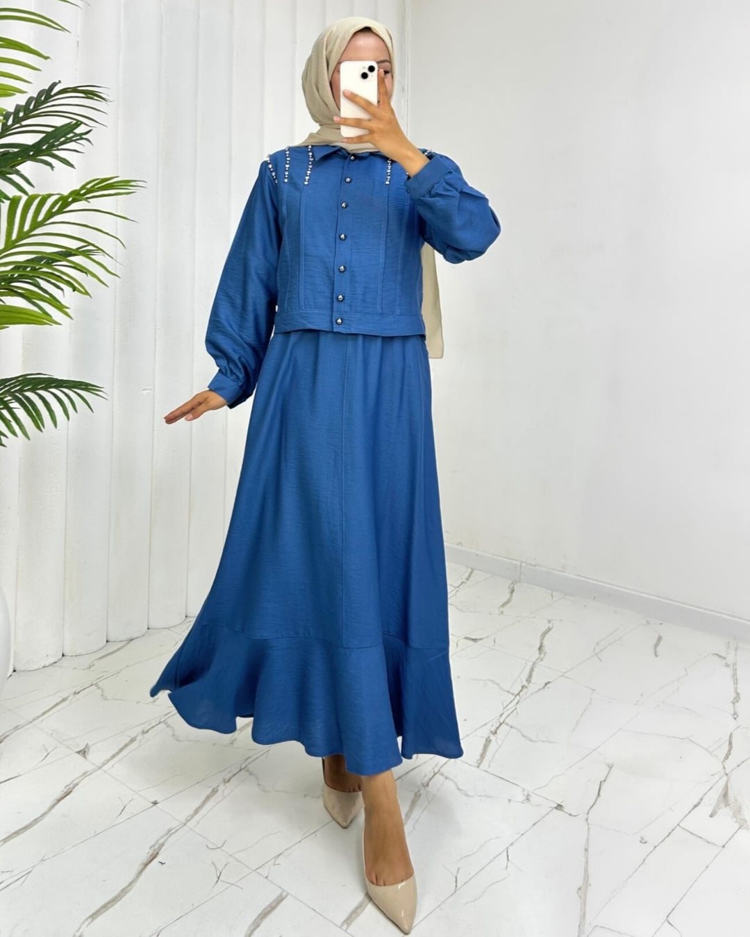 Pearl Shoulder Buttoned Jacket and Maxi Skirt Co-ord Set - Blue - Podyumplus - by Peralane - photo 3