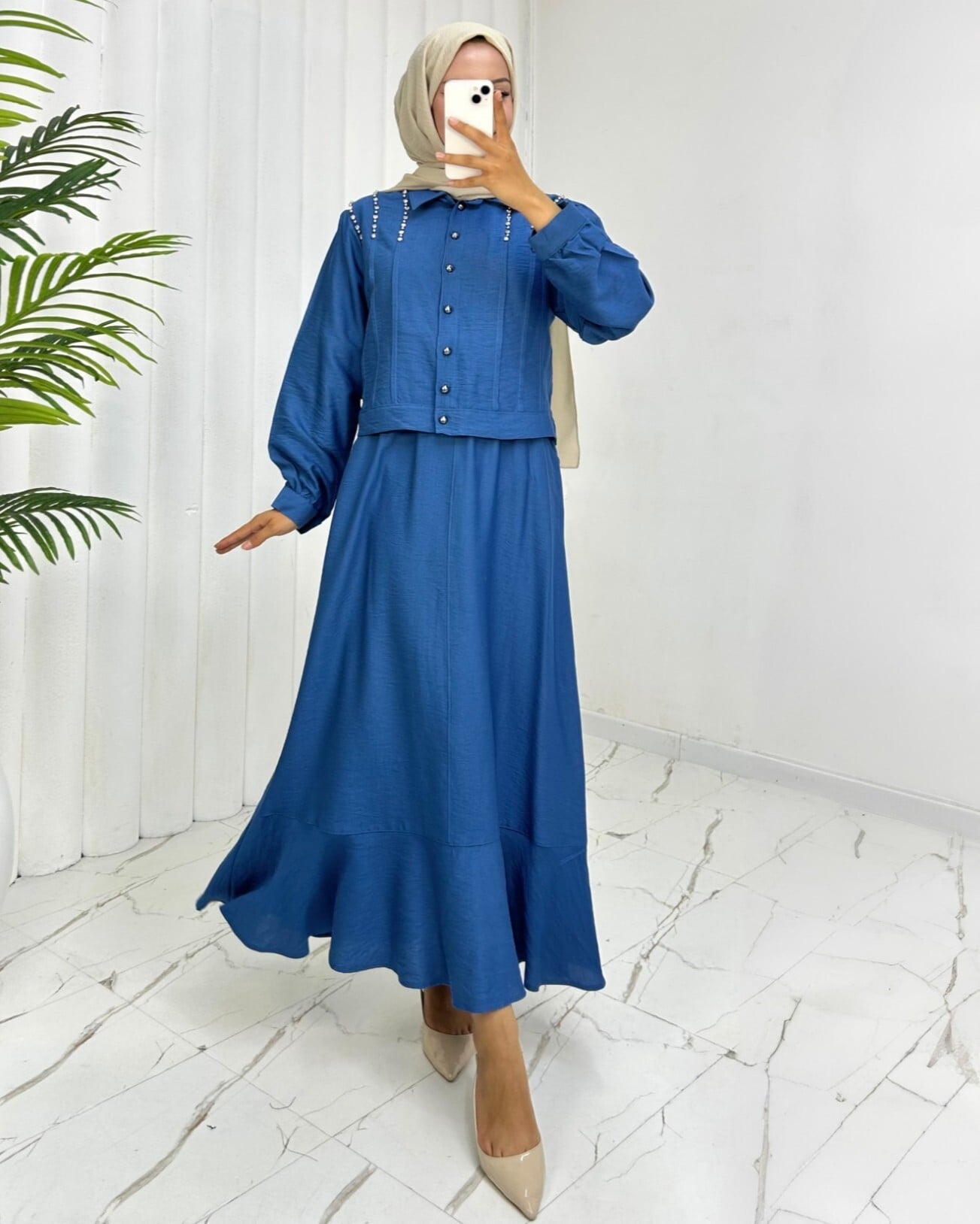 Pearl Shoulder Buttoned Jacket and Maxi Skirt Co-ord Set - Blue - Podyumplus - by Peralane - photo 3