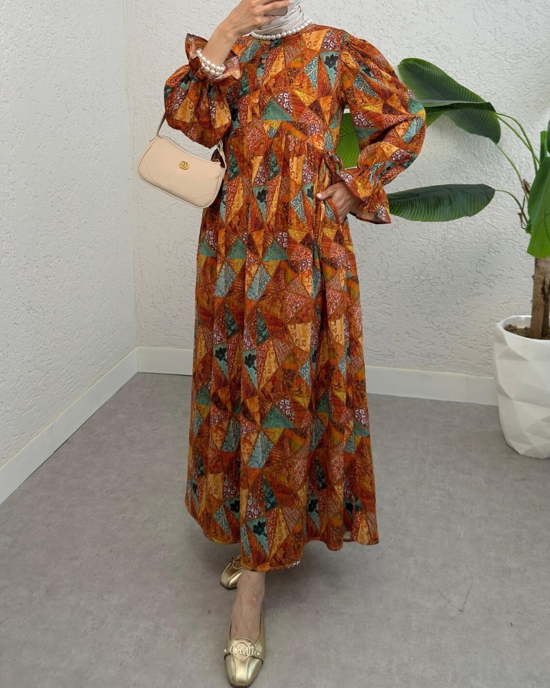 Half Button Belted Patterned Maxi Dress - Orange - Podyumplus - by Peralane - photo 3