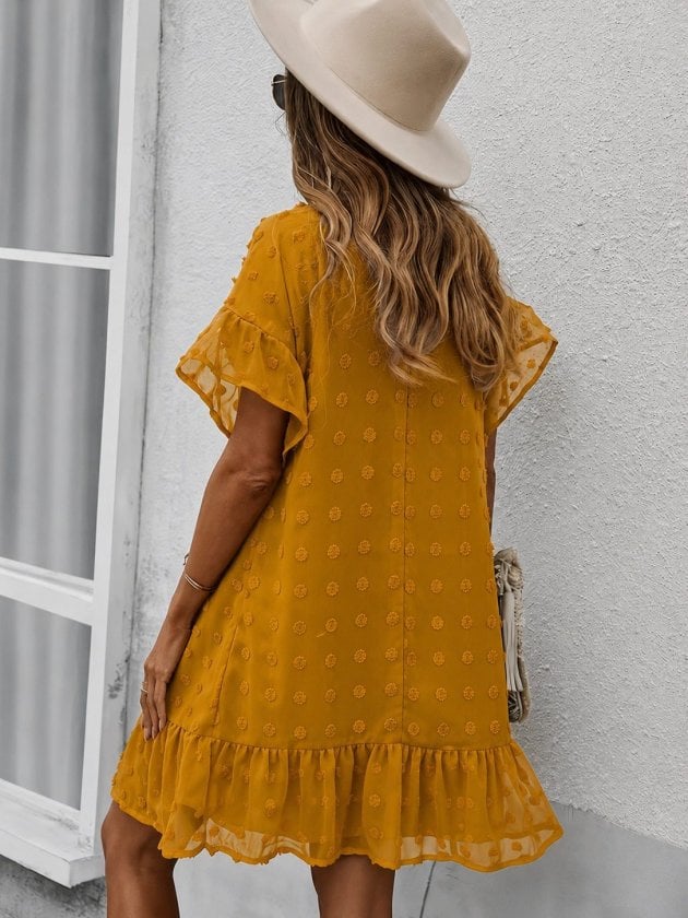 Women's Short-Sleeve V-Neck Mustard Yellow Dobby Dot Sheer Dress - Janes - by Peralane - photo 2