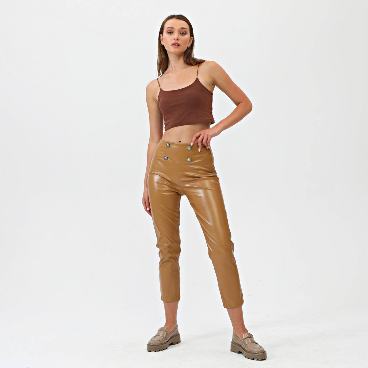 Women's High Waist Faux Leather Trousers with Double Button Closure - Ouz Fashion - by Peralane