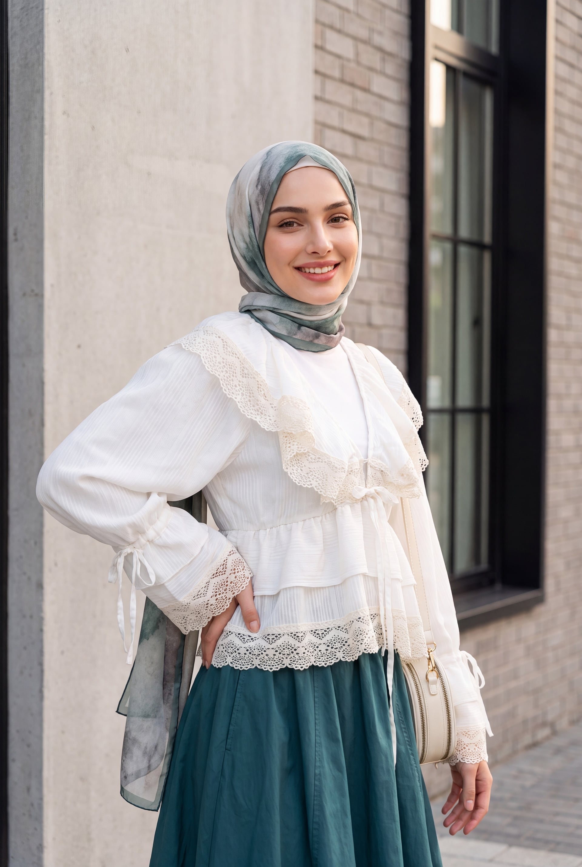 V-Neck Lace Trim Ruffle Tie Blouse with Skirt - Ecru - Podyumplus - by Peralane - photo 3