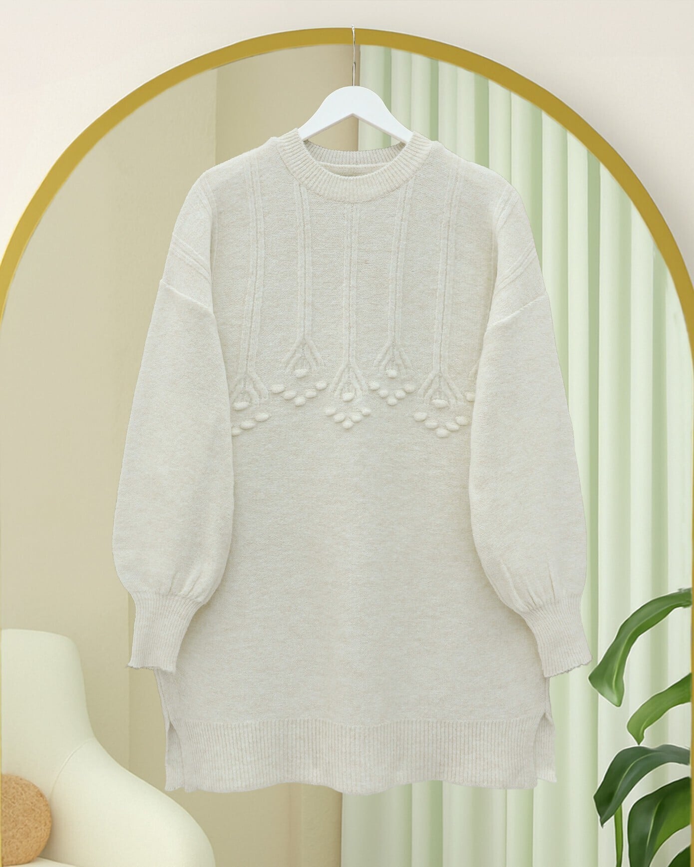 Ecru Ribbon and Pom-Pom Detail Round Neck Soft Knit Tunic - Podyumplus - by Peralane