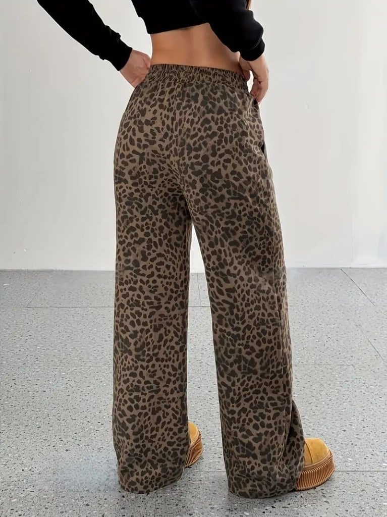 Women's High Waist Elastic Drawstring Wide Leg Two-Thread Leopard Print Trousers - Janes - by Peralane - photo 2