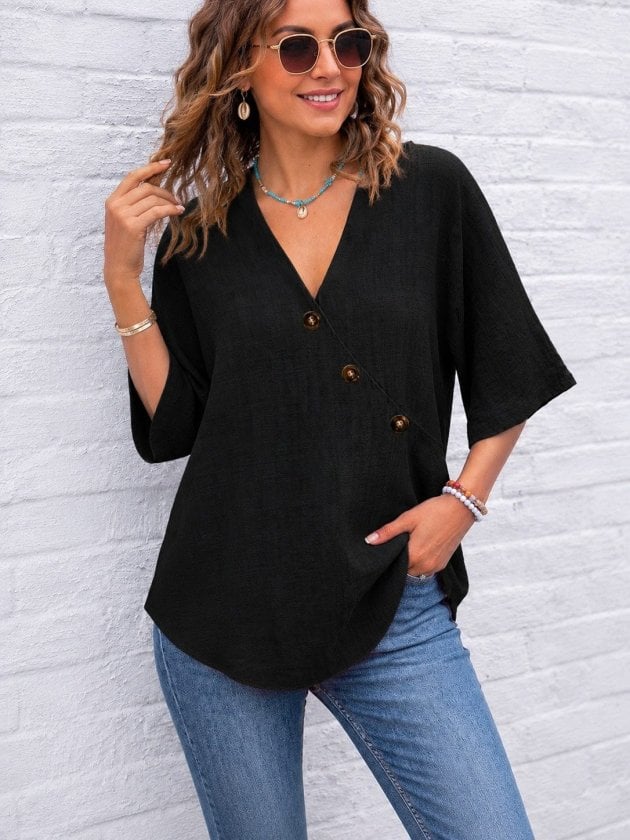 Women's Black Short Sleeve V-Neck Button Blouse - Janes - by Peralane - photo 3