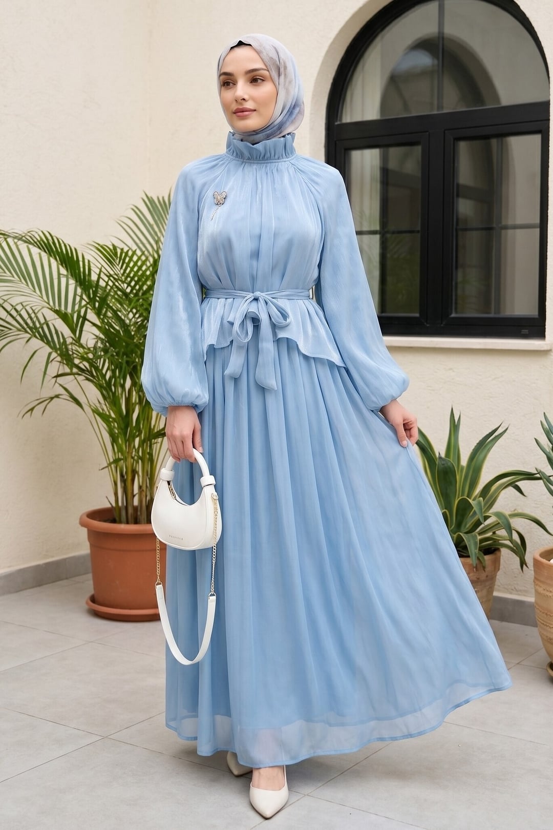 Brooch Detail Long-Sleeve Belted Shimmer Chiffon Skirt Set - Baby Blue - Podyumplus - by Peralane