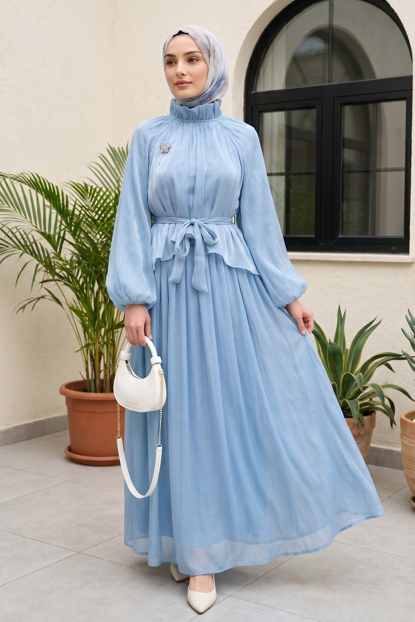 Brooch Detail Long-Sleeve Belted Shimmer Chiffon Skirt Set - Baby Blue - Podyumplus - by Peralane