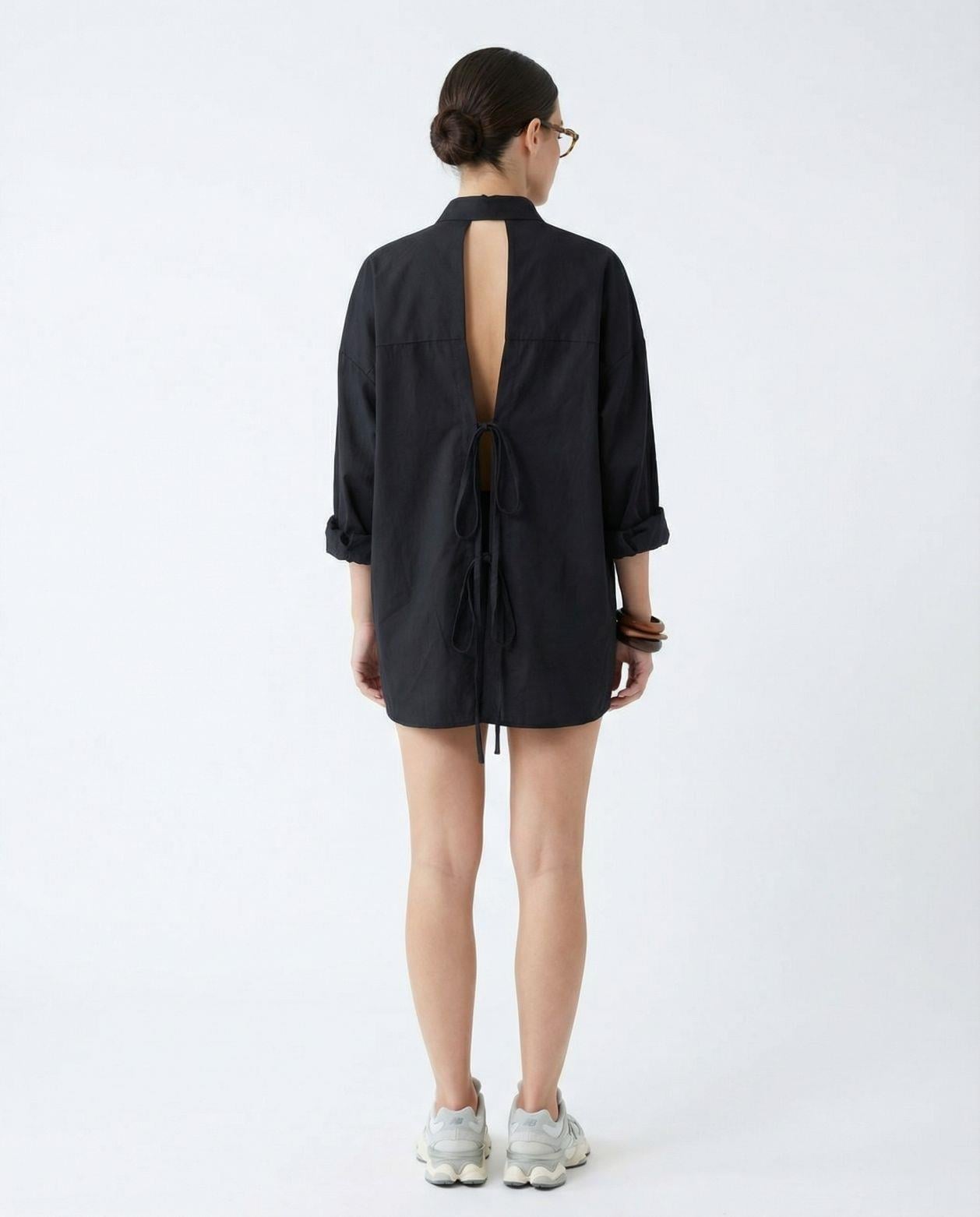 Black Cotton-Polyester Shirt Dress with Collar and Long Sleeves - Fame - by Peralane - photo 5