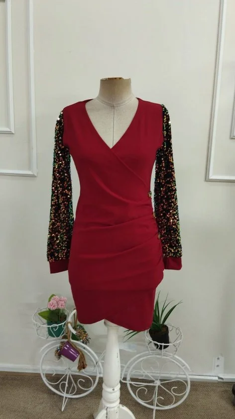 Women's Long Sleeve Sequin Wrap Dress with Side Buttons - Red and Black - Janes - by Peralane - photo 4