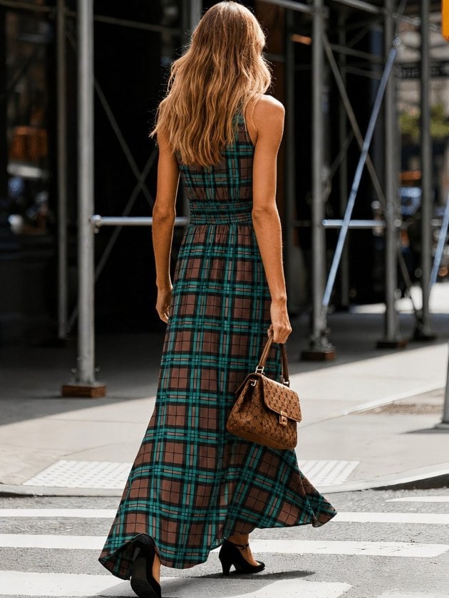 Women's Plaid Halter Maxi Dress with Smocked Waist - Janes - by Peralane - photo 3