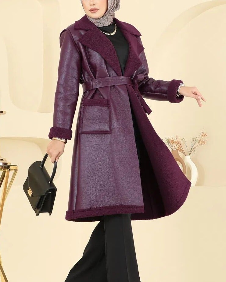 Belted Double-Pocket Faux Leather Coat with Faux Fur Lining - Plum - Podyumplus - by Peralane - photo 3