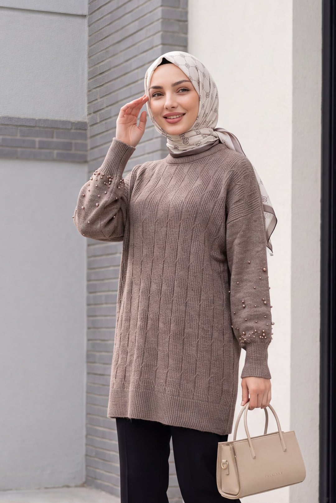 Pearl Detail Patterned Relaxed Knit Tunic - Light Brown - Podyumplus - by Peralane - photo 2
