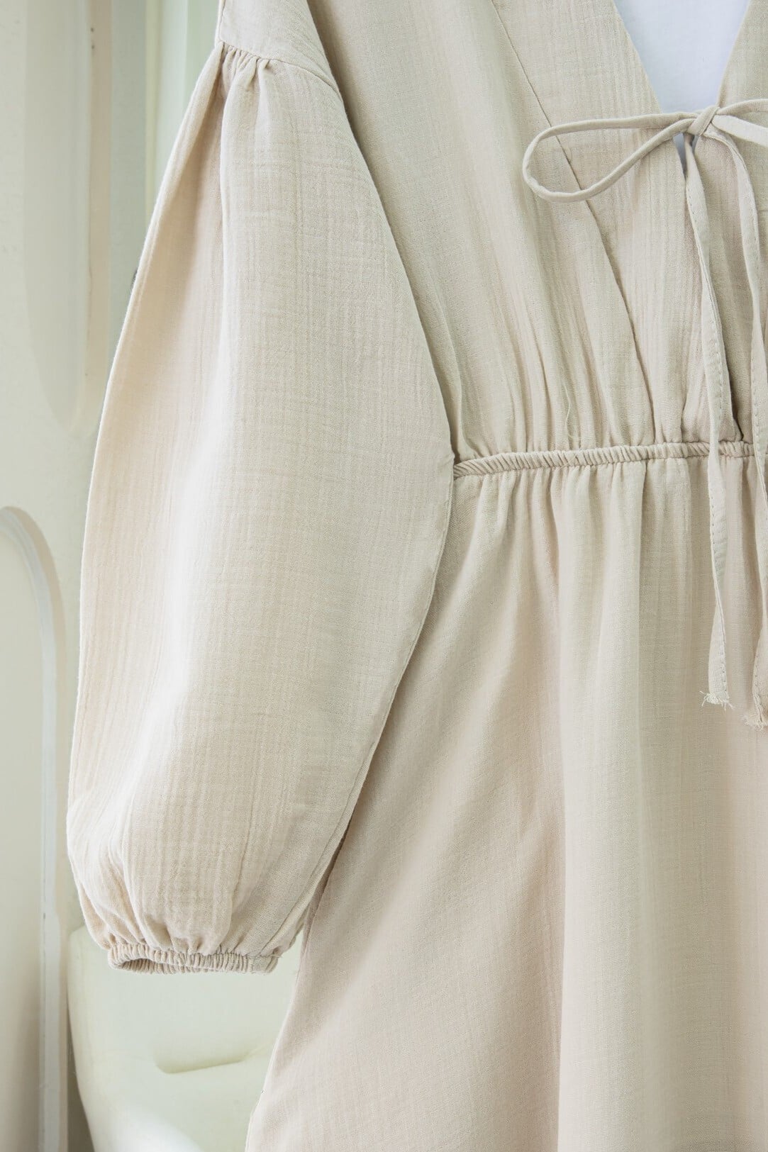 Drawstring V-Neck Muslin Dress with Elastic Cuffs and Waist - Stone - Podyumplus - by Peralane - photo 4