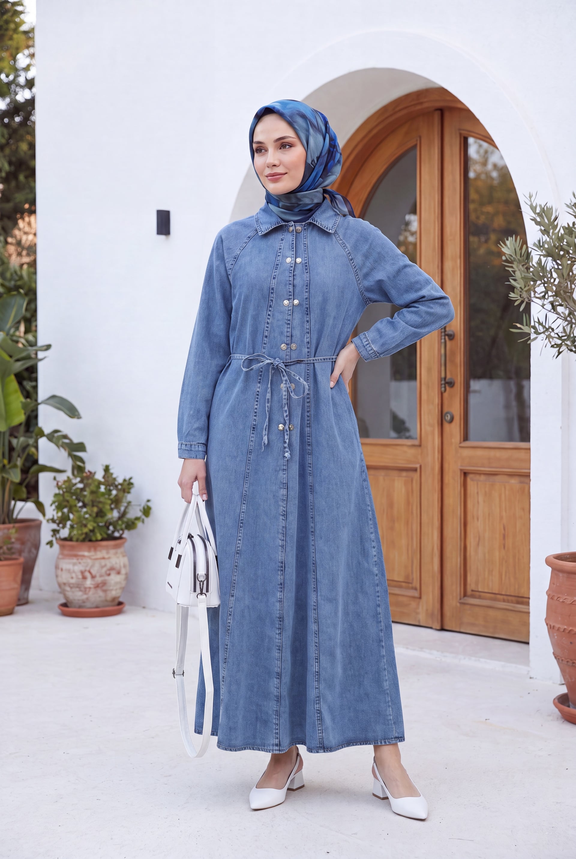 Long Denim Shirt Collar Dress with Belt - Ice Blue - Podyumplus - by Peralane - photo 2