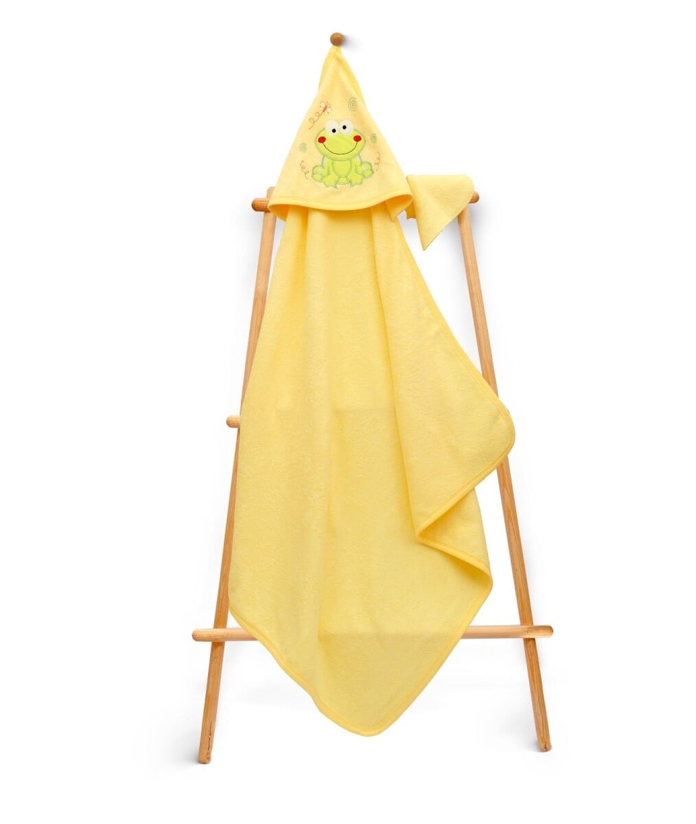 Unisex Hooded Towel 80x80cm - Yellow with Frog Motif - Babyline - by Peralane