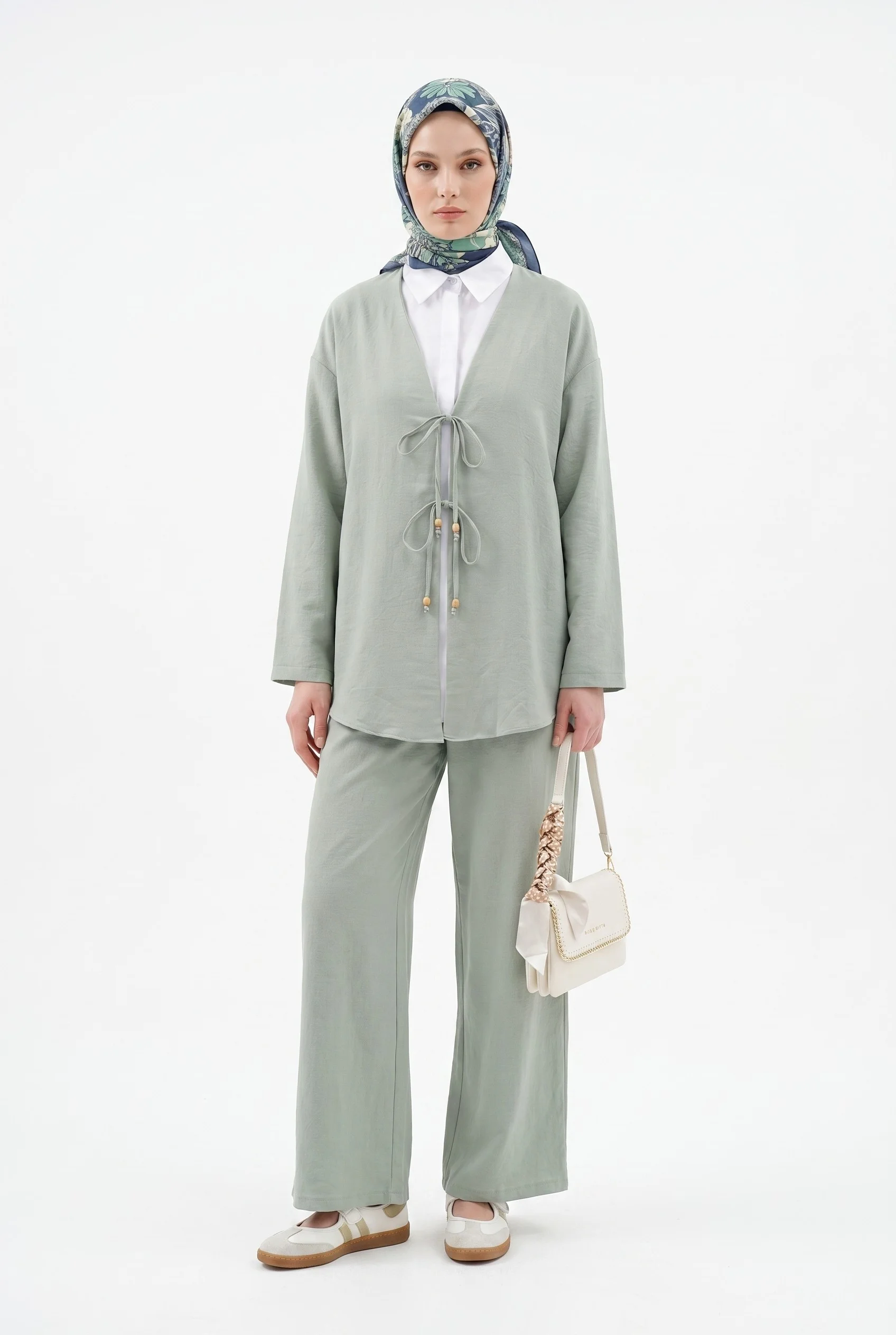 Women's Double Tie-Front Tunic and Wide-Leg Trouser Co-ord Set in Mint - Podyumplus - by Peralane