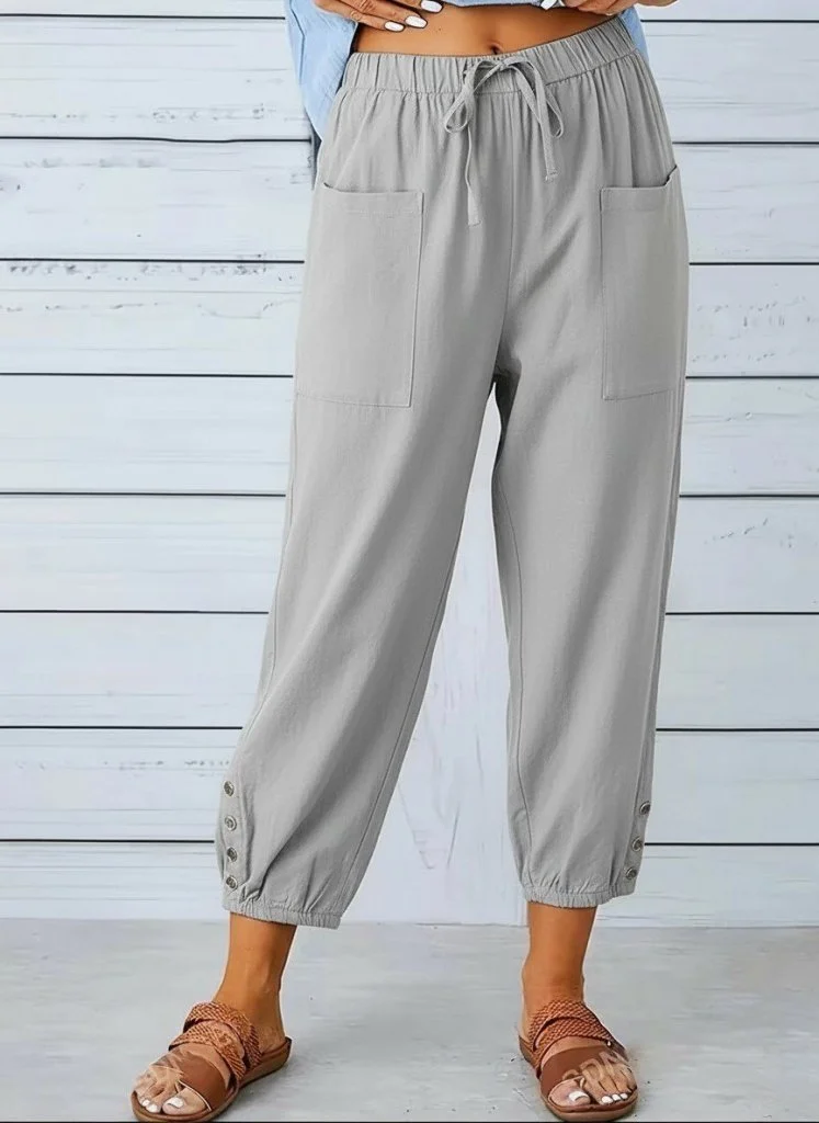Women's Light Grey Elasticated Waist Drawstring Trousers with Button Detail - Janes - by Peralane - photo 2