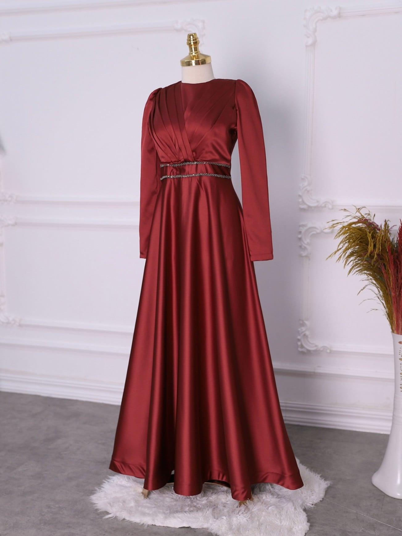 Red Satin Evening Dress with Draped Bodice and Beaded Waist - Podyumplus - by Peralane