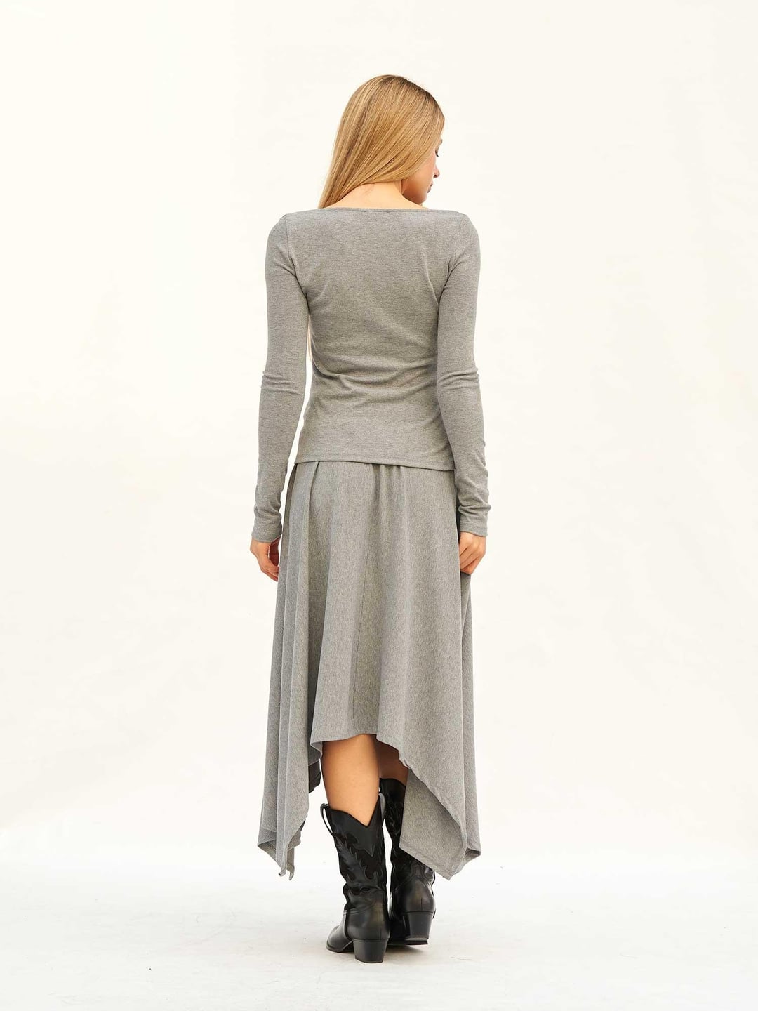 Draped Cowl Neck Top and Asymmetrical Skirt Set in Grey - Lefon - by Peralane - photo 3
