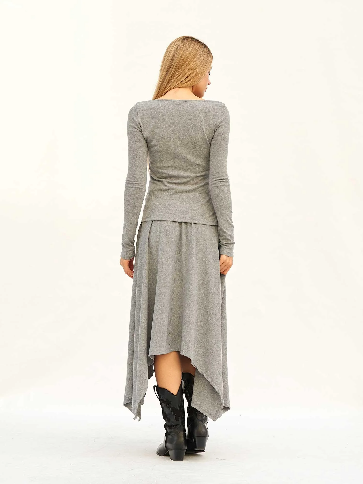 Draped Cowl Neck Top and Asymmetrical Skirt Set in Grey - Lefon - by Peralane - photo 3