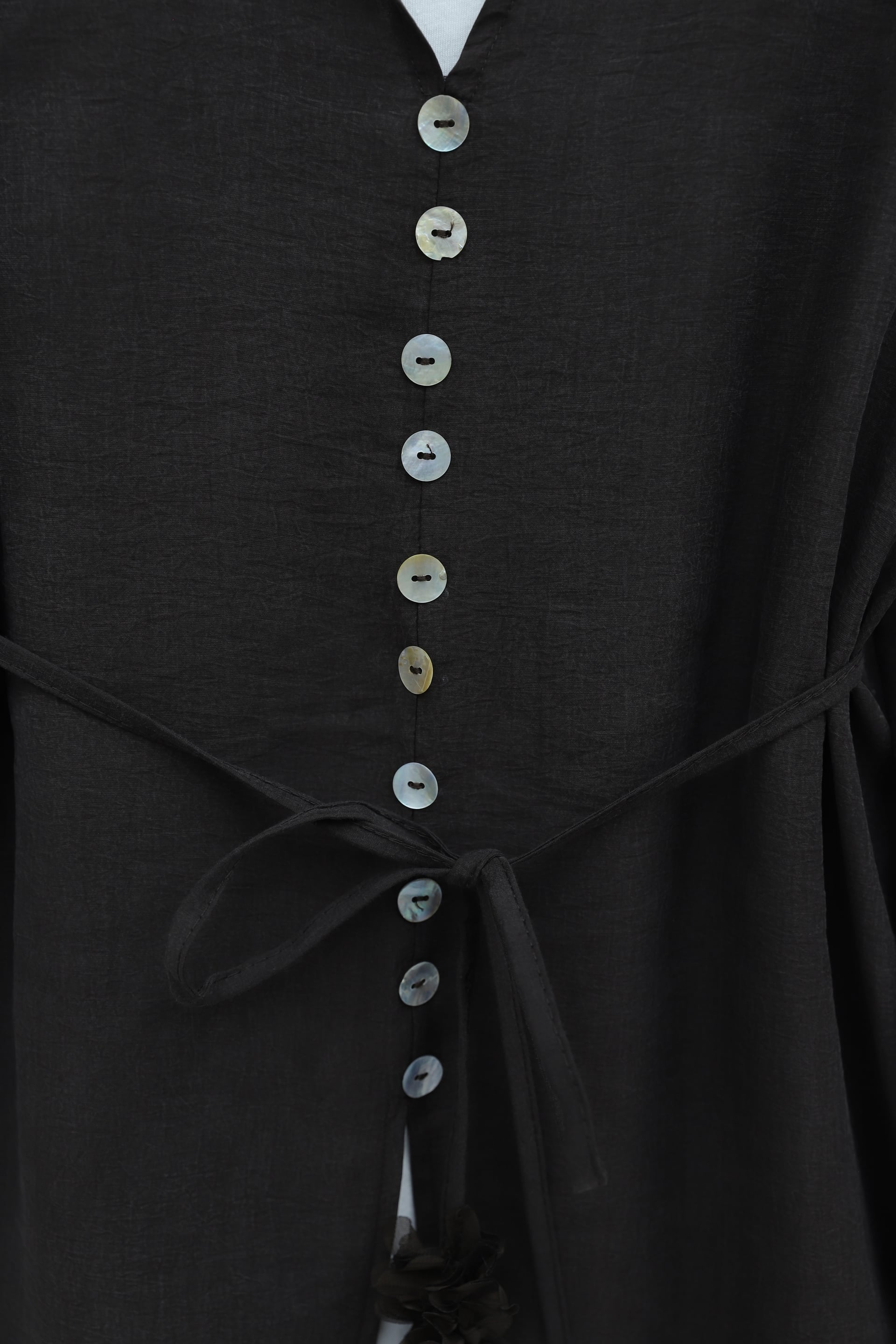 V-Neck Floral Sleeve Buttoned Tie-Waist Modal Blouse - Dark Brown - Podyumplus - by Peralane - photo 5
