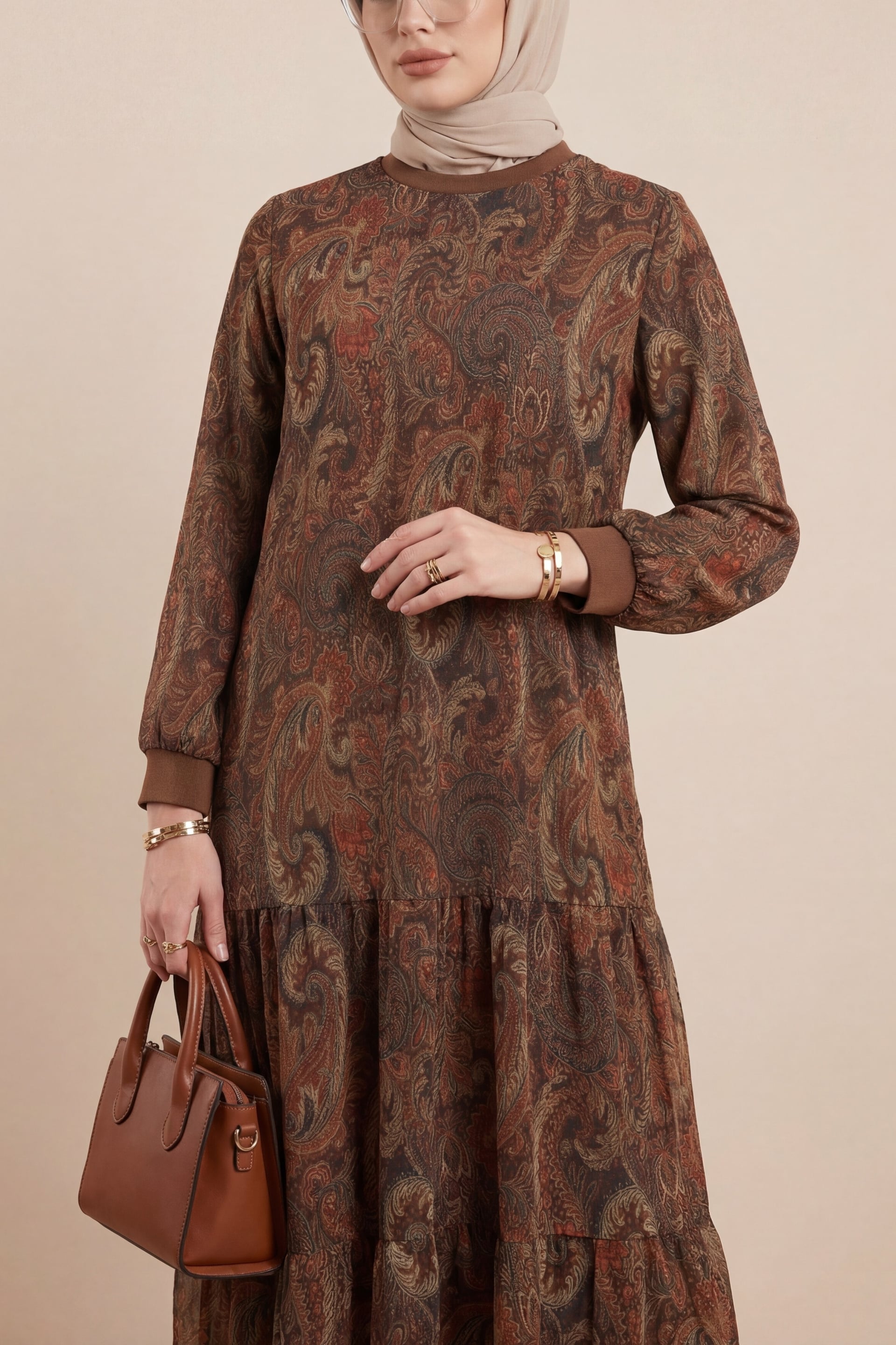 Ethnic Print Tiered Chiffon Maxi Dress - Light Brown - Podyumplus - by Peralane - photo 4