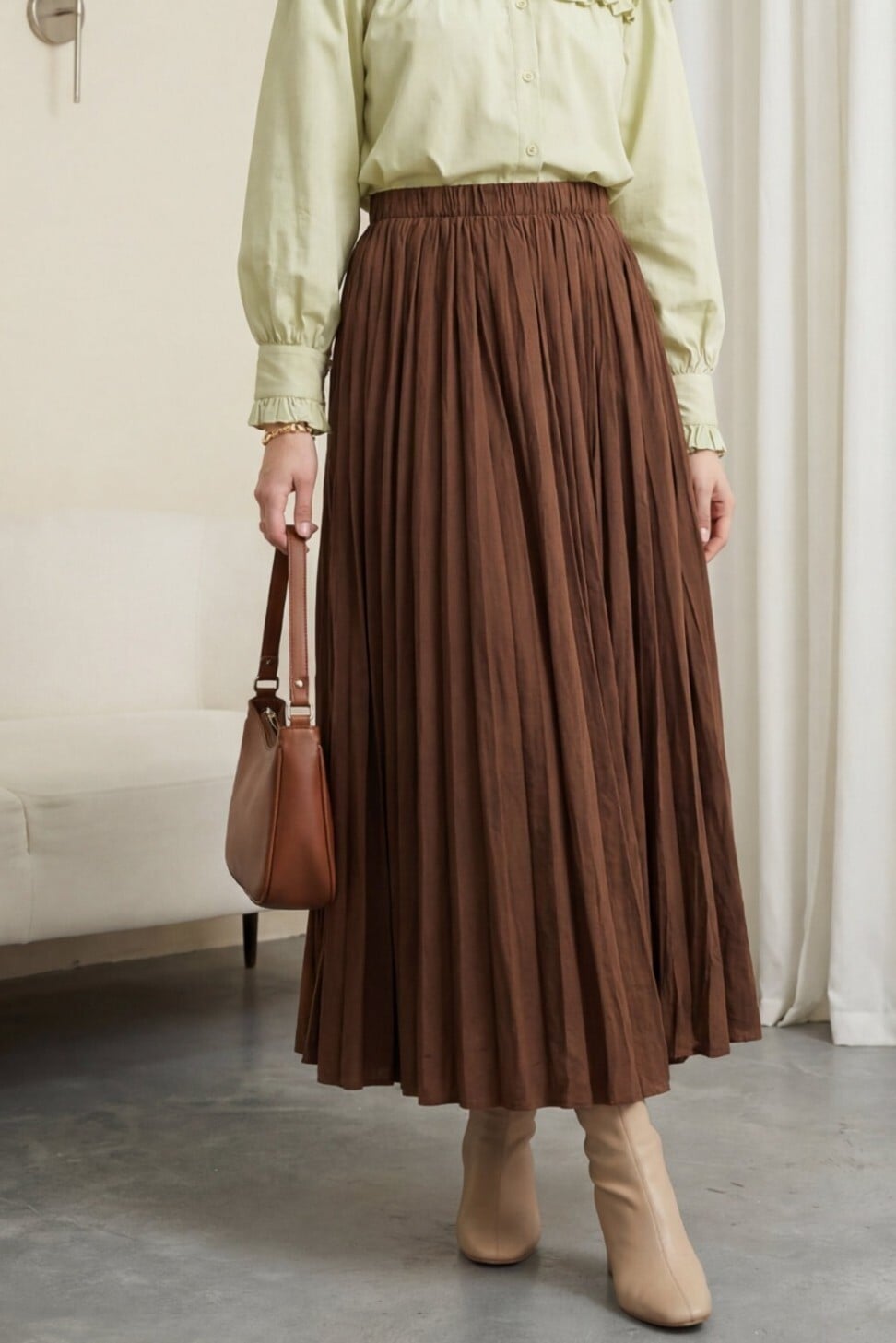 Brown Elasticated Waist Pleated Skirt for Women - Podyumplus - by Peralane
