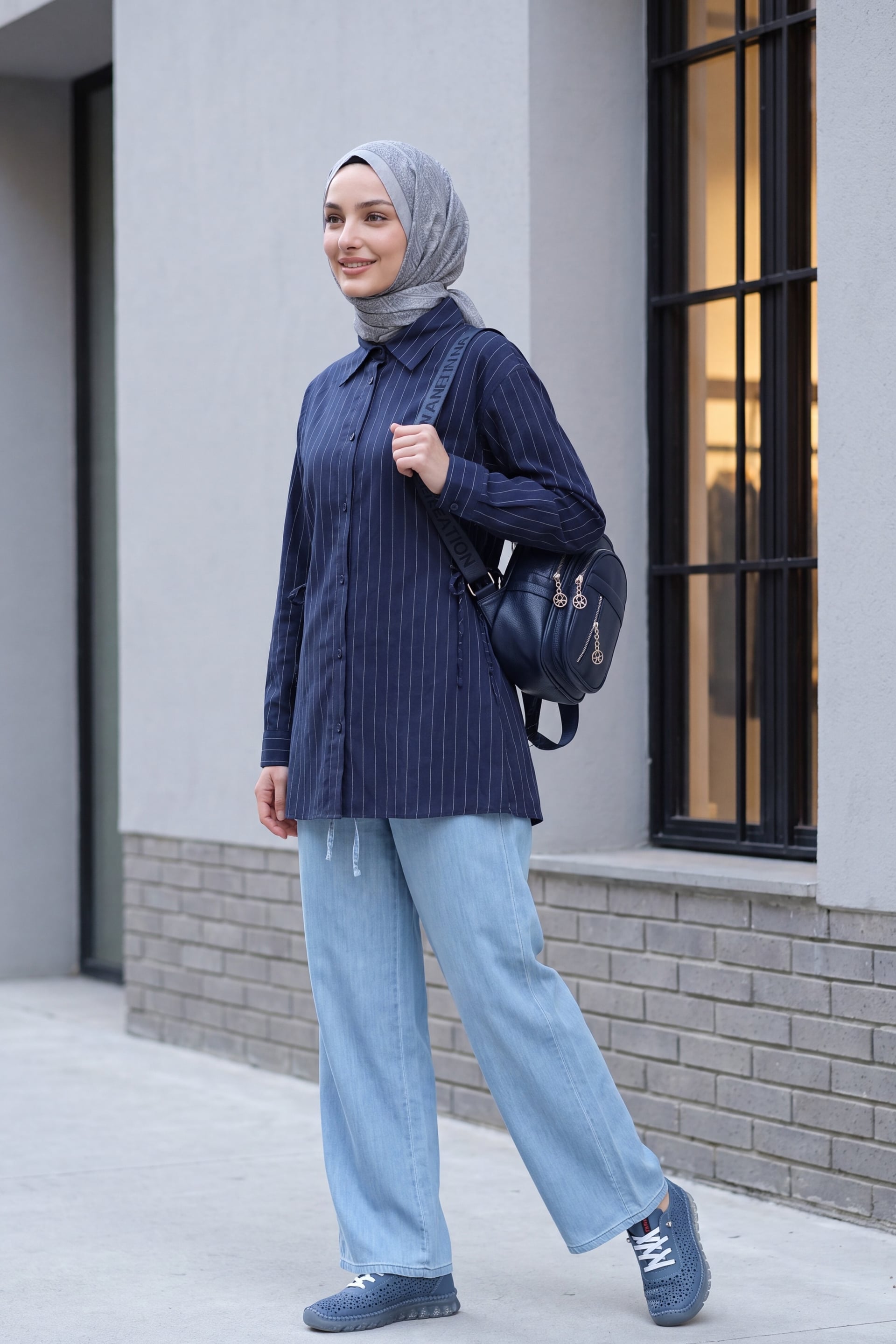 Side Drawstring Striped Buttoned Modal Tunic - Navy Blue - Podyumplus - by Peralane - photo 4