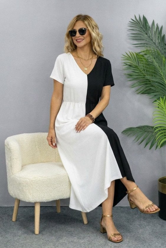 Women's Short Sleeve V-Neck Two-Tone Viscose Midi Dress - Janes - by Peralane - photo 2