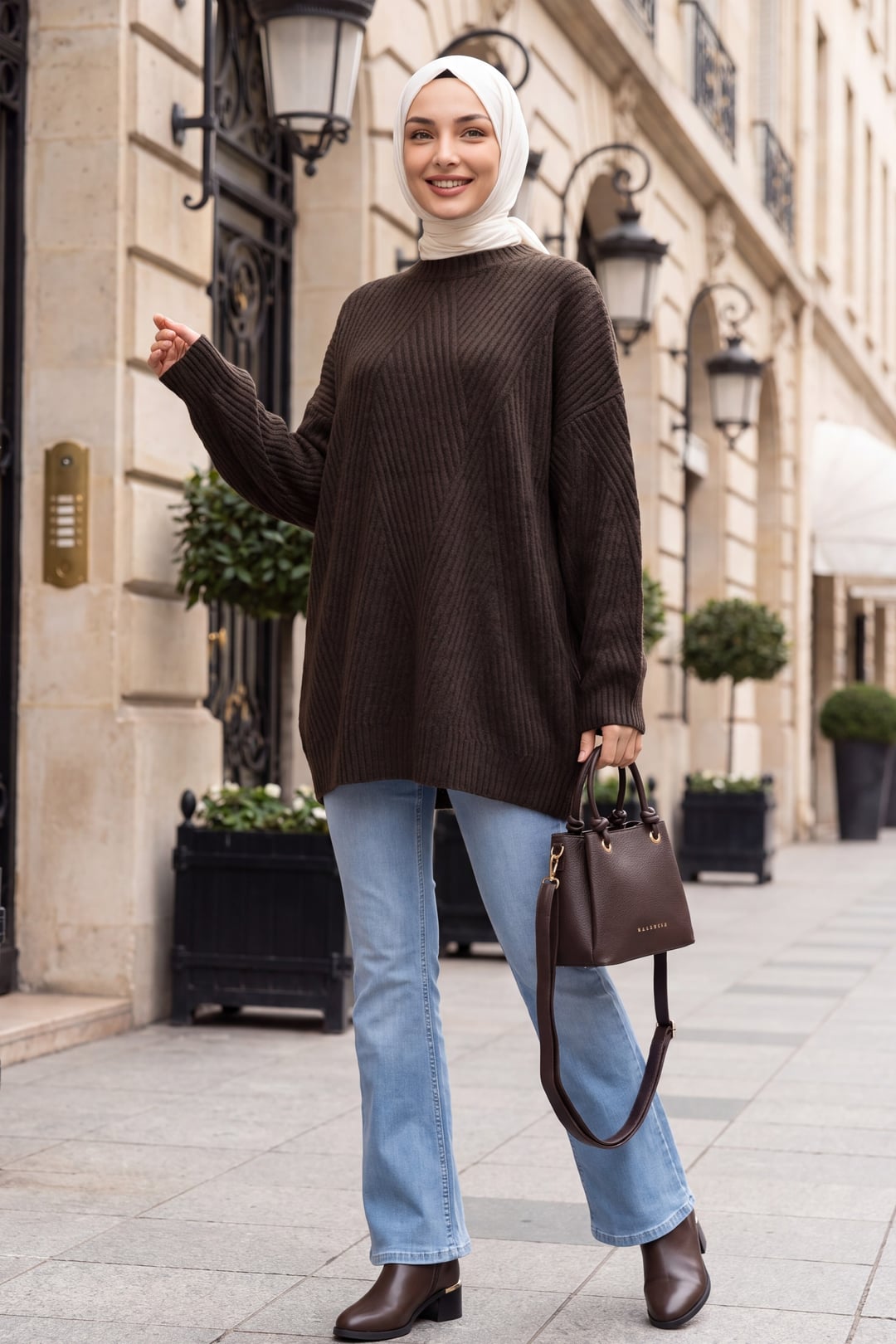Mock Neck Patterned Relaxed Fit Knit Tunic - Dark Brown - Podyumplus - by Peralane - photo 5