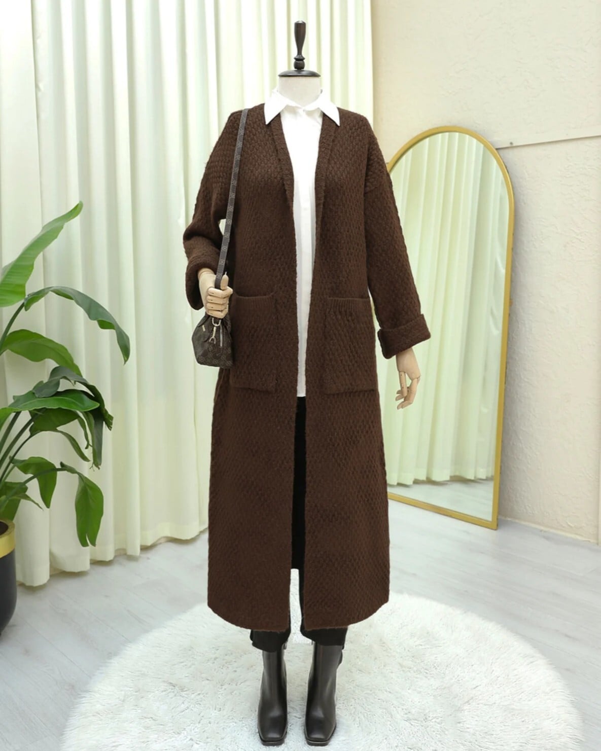 Long Knitted Cardigan with Pockets - Brown - Podyumplus - by Peralane - photo 3