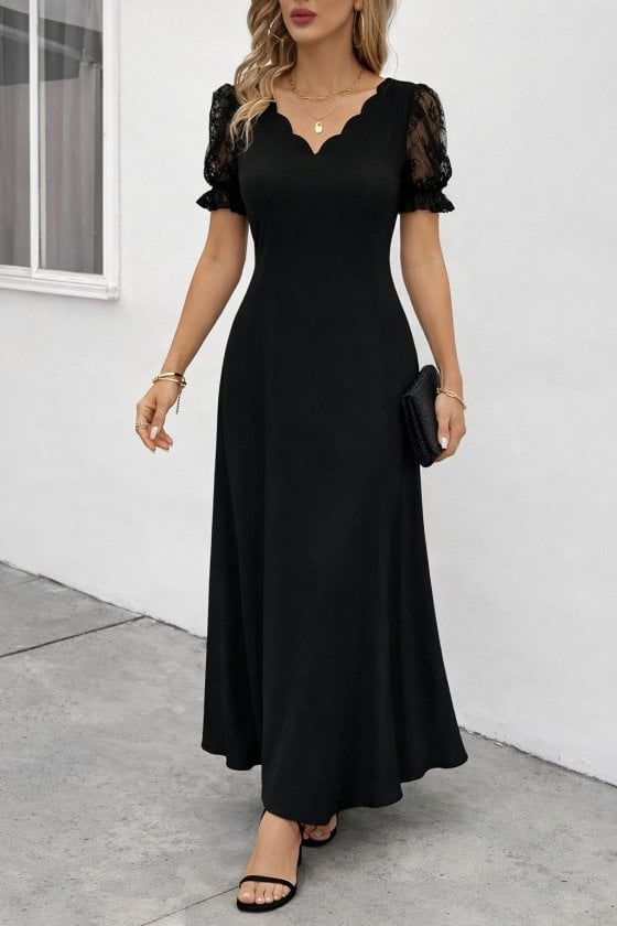 Women's Short-Sleeved V-Neck Long Polka Dot Lace Dress - Janes - by Peralane