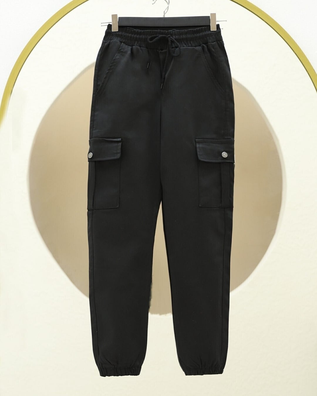Black Drawstring Cargo Jeans with Elastic Waist and Cuffs - Podyumplus - by Peralane - photo 3