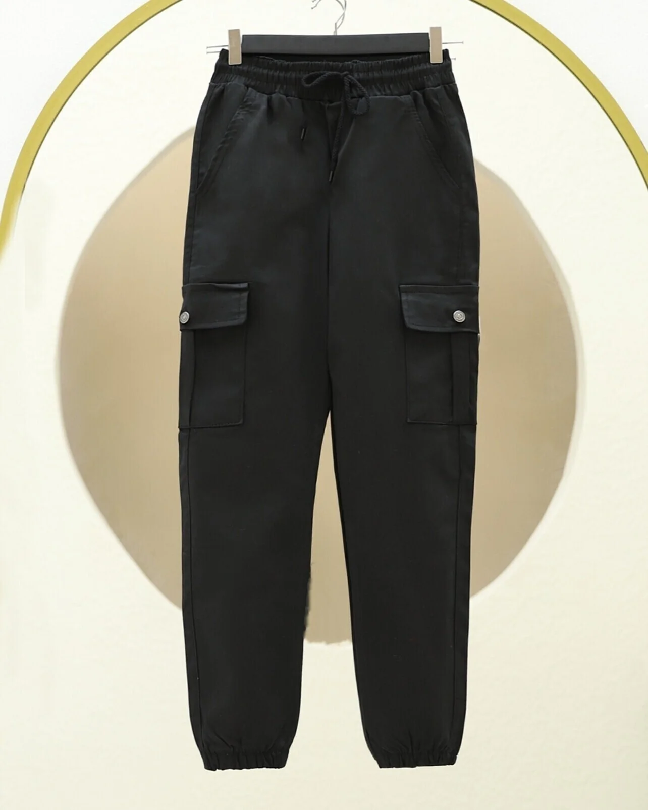Black Drawstring Cargo Jeans with Elastic Waist and Cuffs - Podyumplus - by Peralane - photo 3