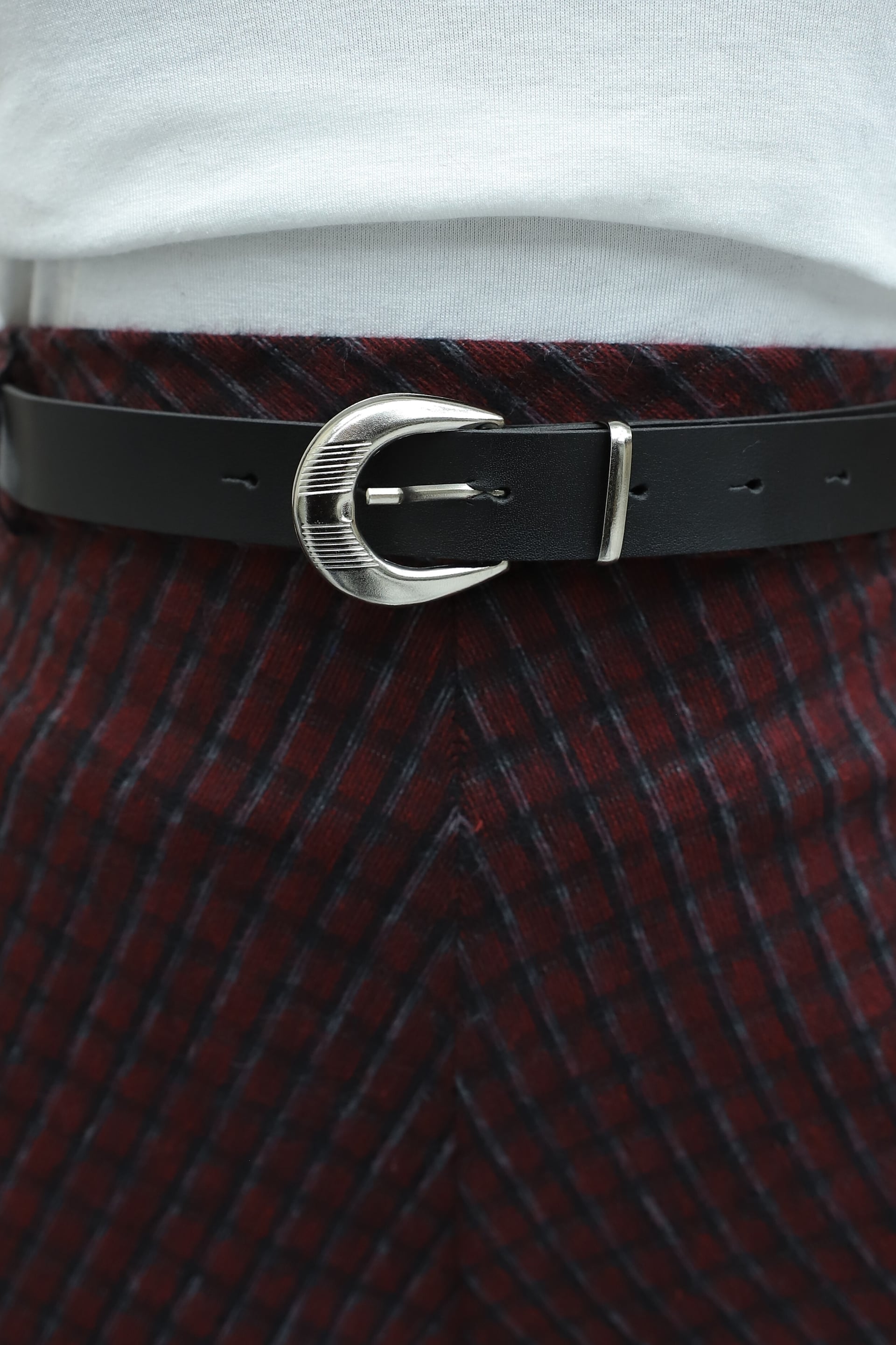 Women's Maroon Checked Wide-Leg Trousers with Belt and Elastic Waist - Podyumplus - by Peralane - photo 5