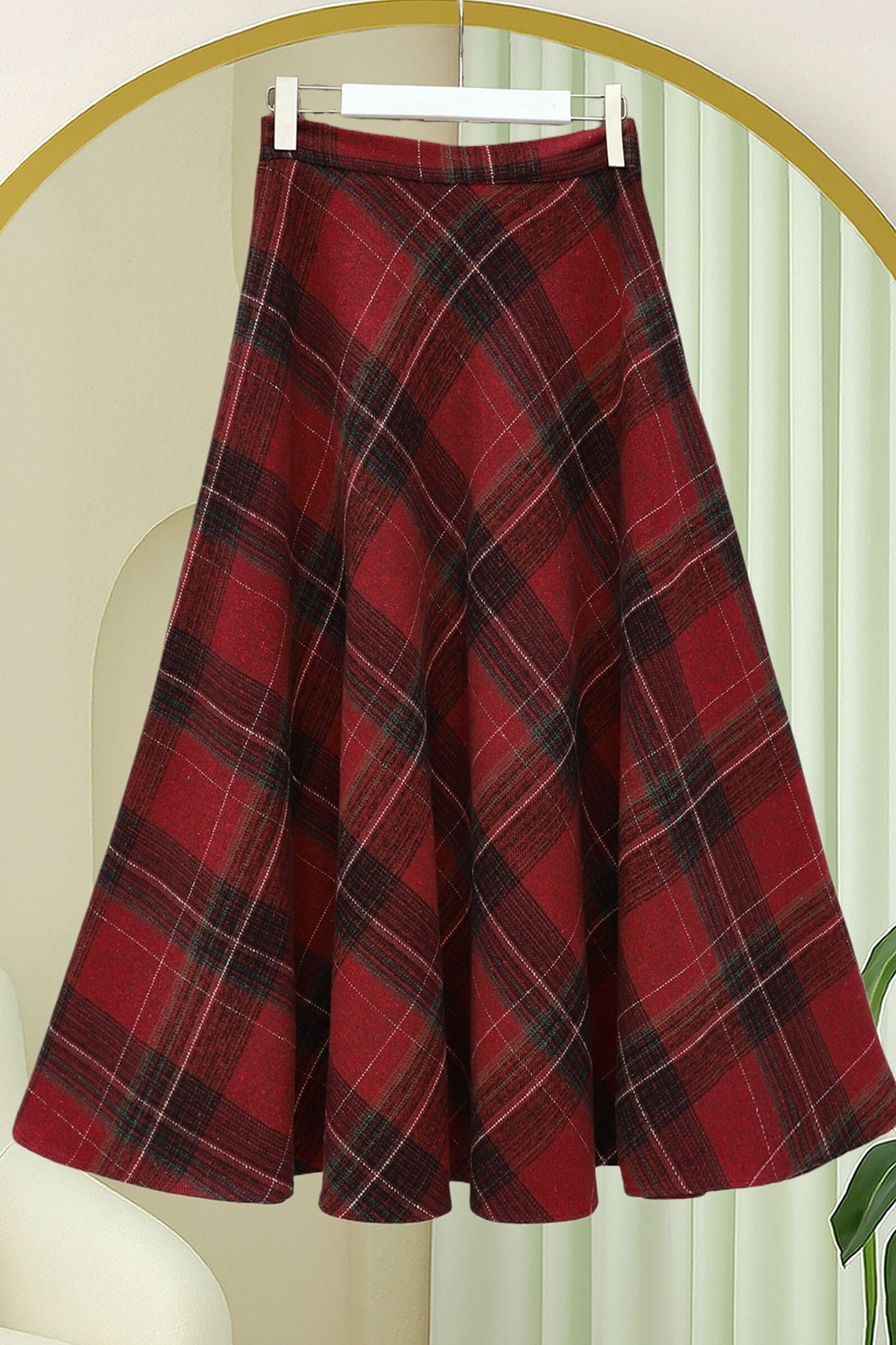 Plaid Wool Blend A-Line Skirt with Side Zipper - Burgundy - Podyumplus - by Peralane - photo 6