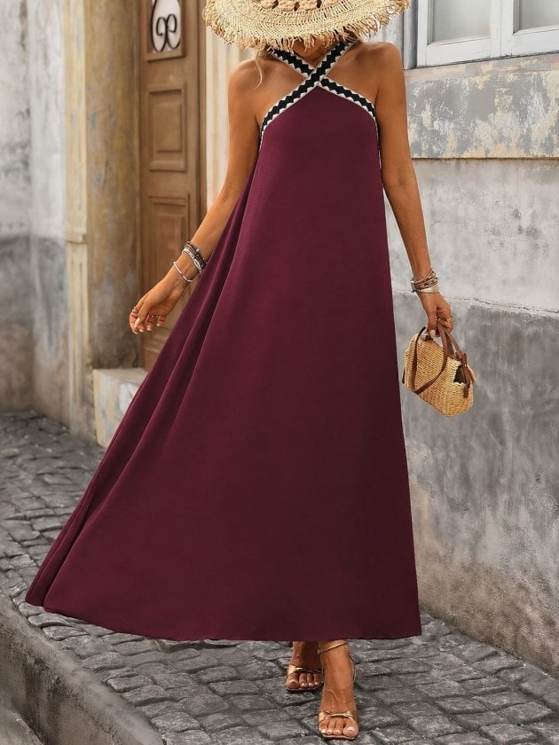 Women's Sleeveless Maxi Dress with Halter Neckline and Zigzag Trim - Janes - by Peralane