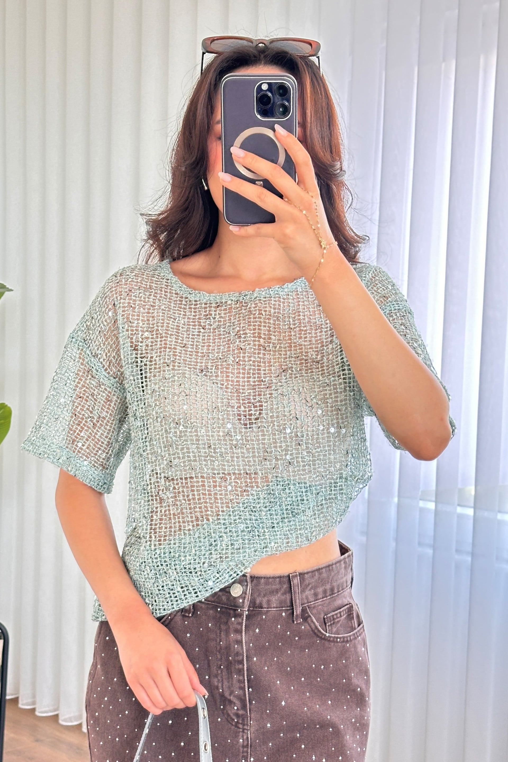 Sequin Sheer Knit Blouse with Tie Neck - Mint Green - Lustri̇n - by Peralane - photo 2