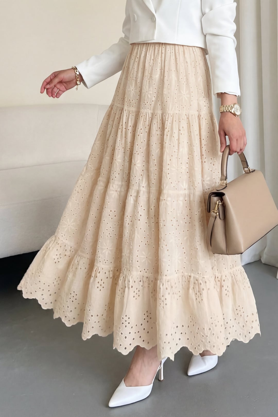 Eyelet Embroidered Tiered Maxi Skirt - Beige - Podyumplus - by Peralane