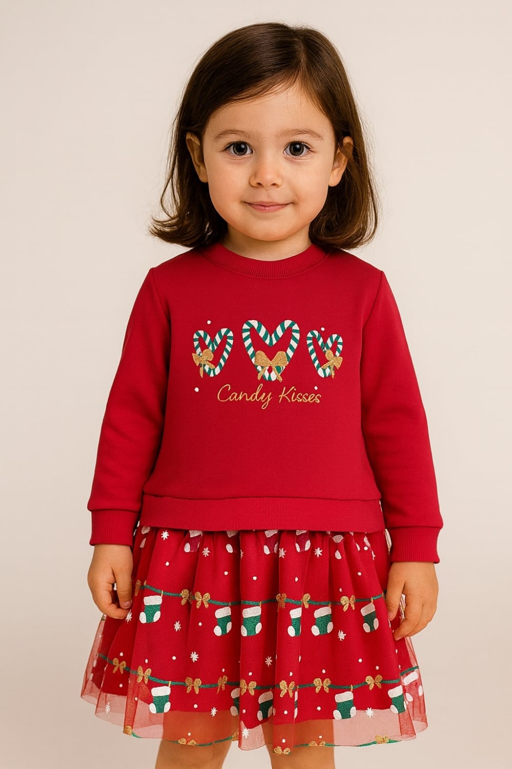 Girl's Red Christmas Dress with Candy Kisses Print - Interkidsy - by Peralane