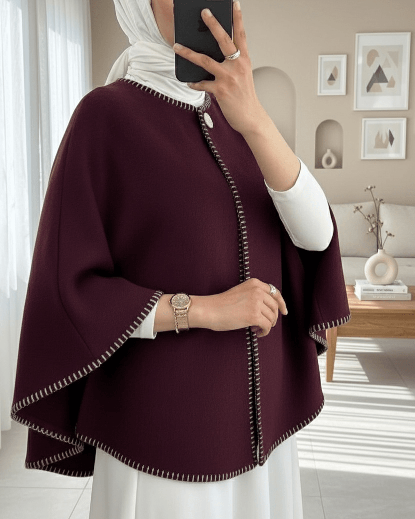 Women's Plaid Wool Cape with Pockets – Burgundy - Podyumplus - by Peralane - photo 4