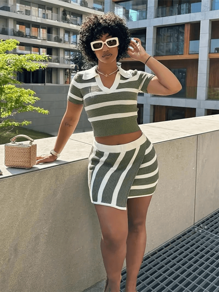Women's Striped Knit Co-ord Set with Cropped Polo Top and Mini Skirt - Janes - by Peralane - photo 2