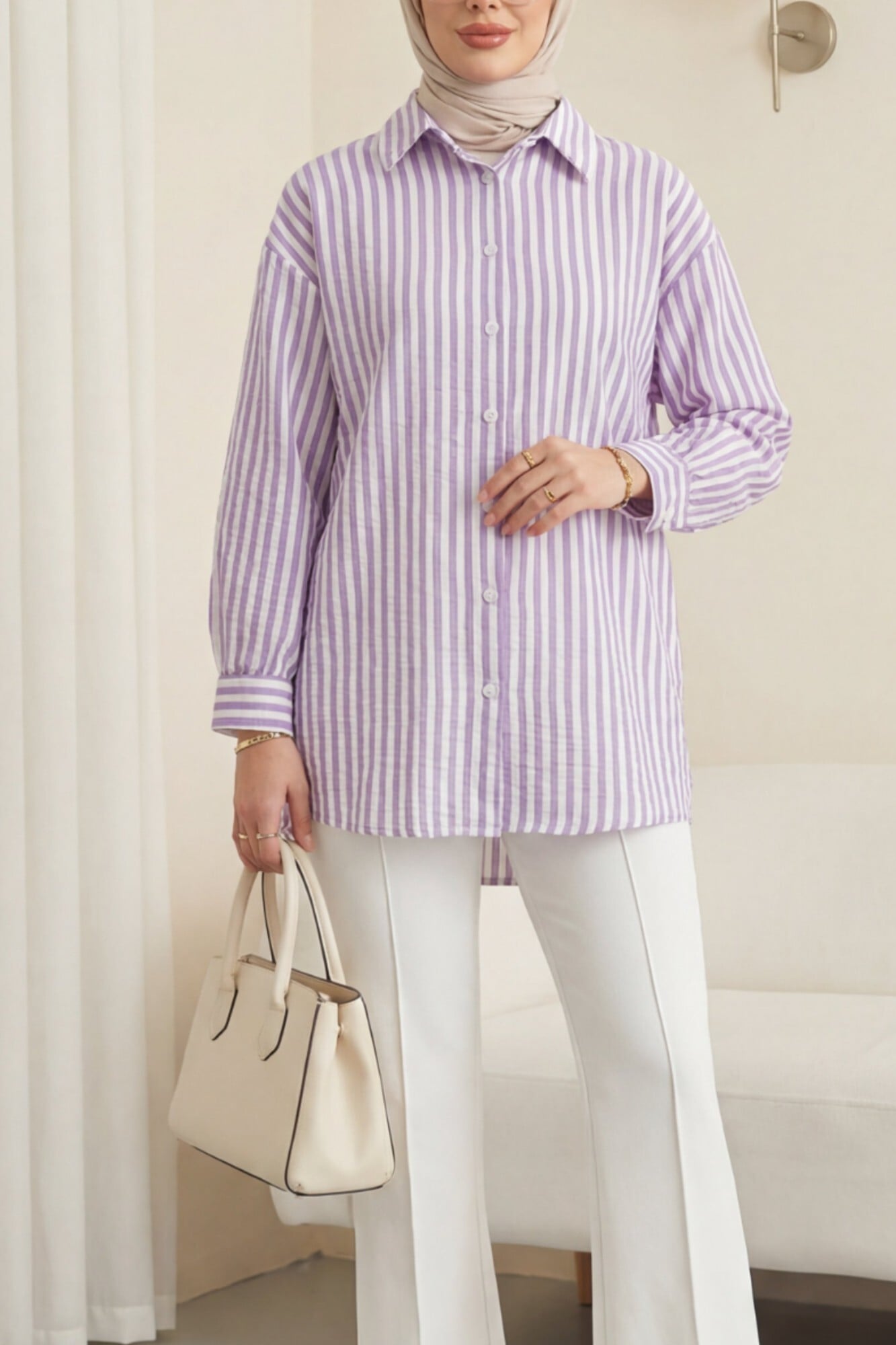 Striped Linen Look Button-Front Long Blouse - Lilac - Podyumplus - by Peralane - photo 7