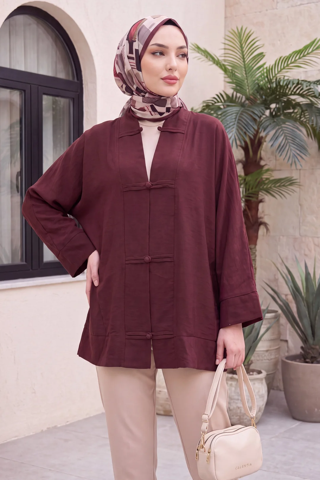 Bias-Trim Button V-Neck Organza Voile Oversize Kimono in Burgundy - Podyumplus - by Peralane