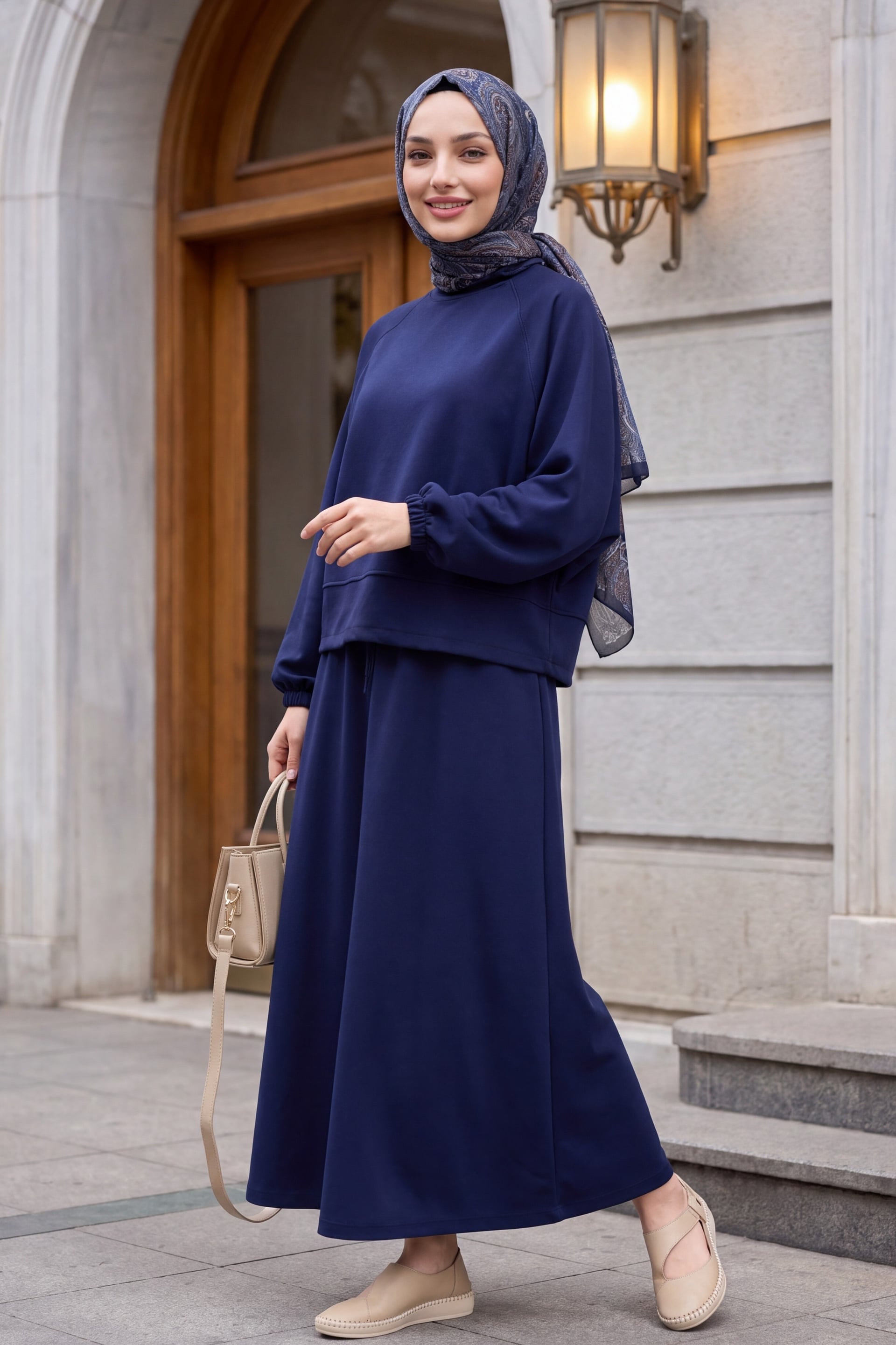 Navy Batwing Sleeve Bicycle Neck Two-Piece Sweatshirt and Skirt Set - Podyumplus - by Peralane - photo 3