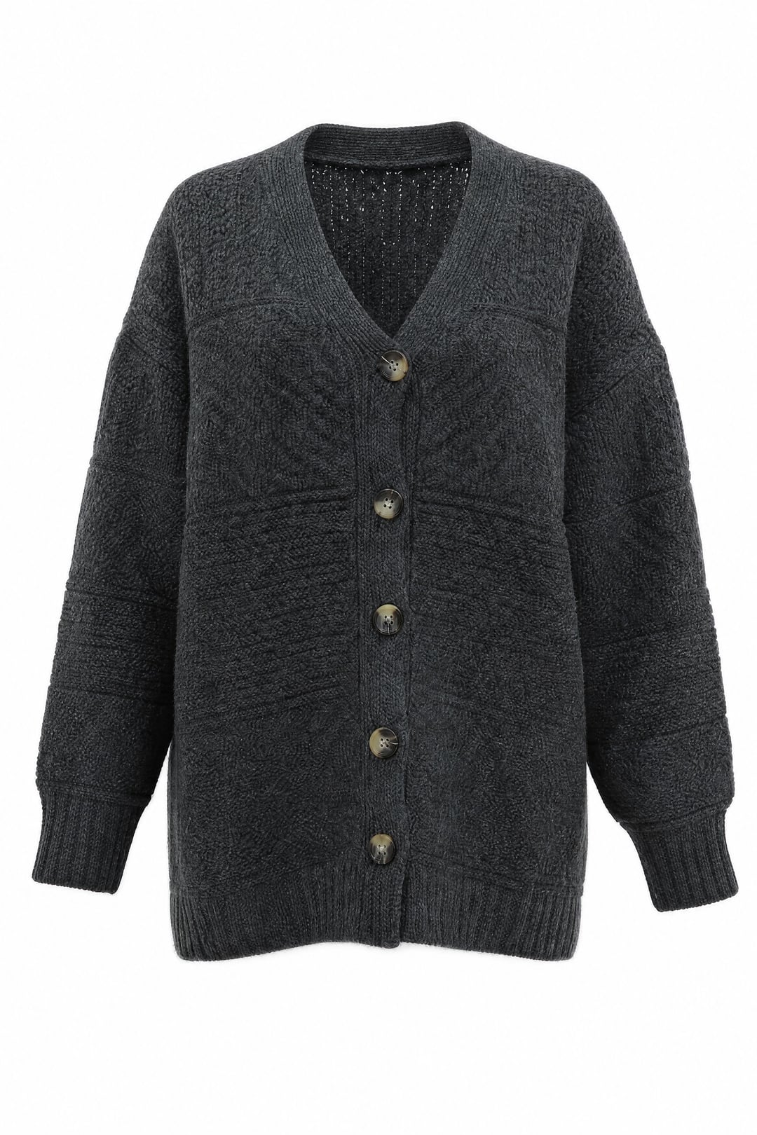 Button-Front V-Neck Relaxed Knit Cardigan - Smoke - Podyumplus - by Peralane - photo 6